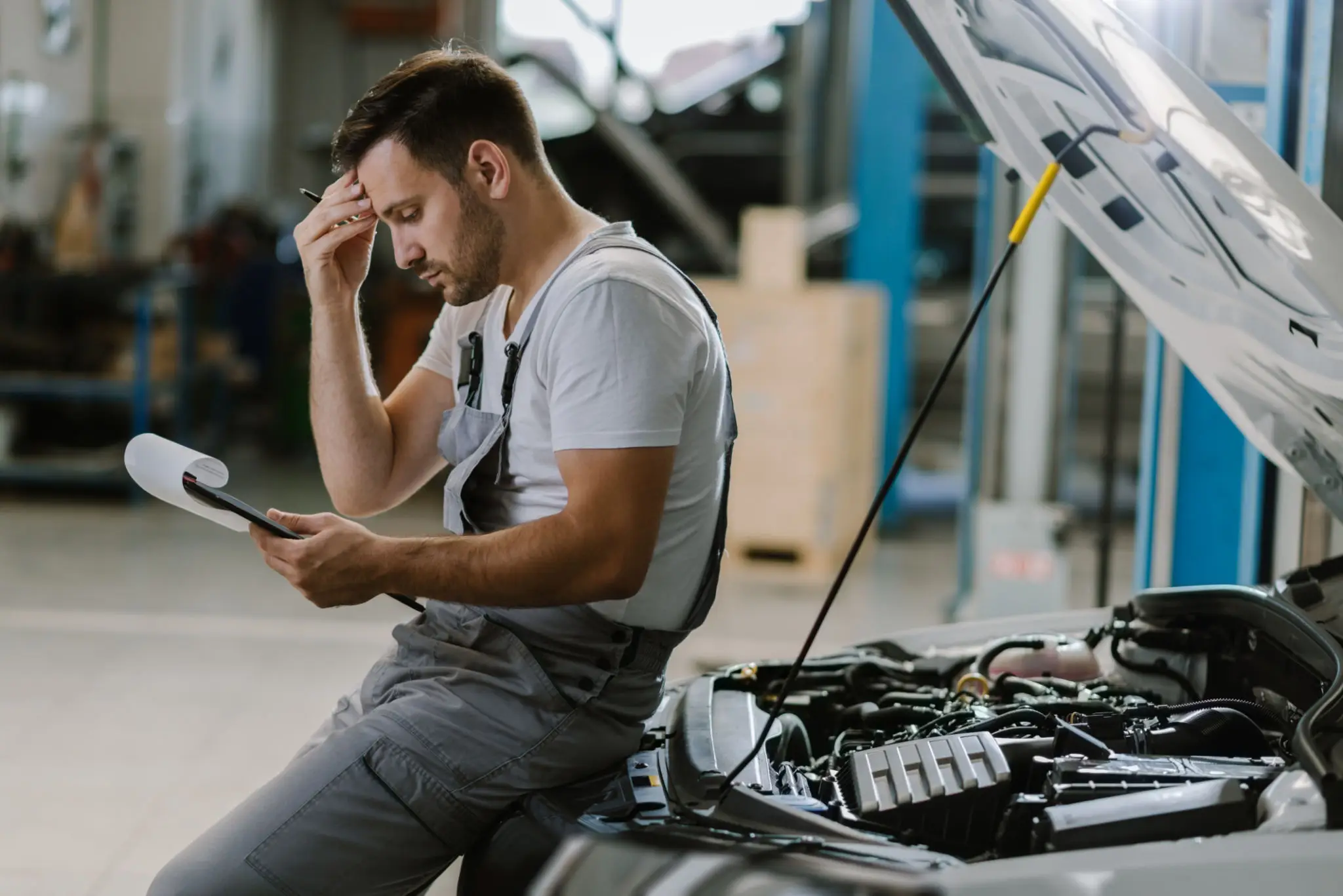 Mechanic reviewing clipboard beside open car hood