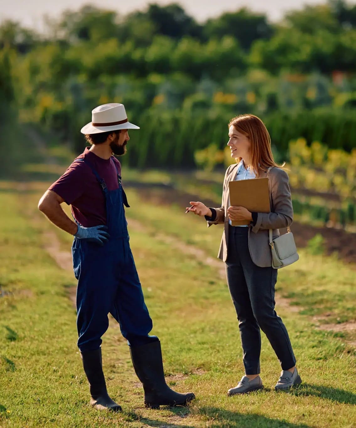 Farmer and businesswoman discussing crops in field
